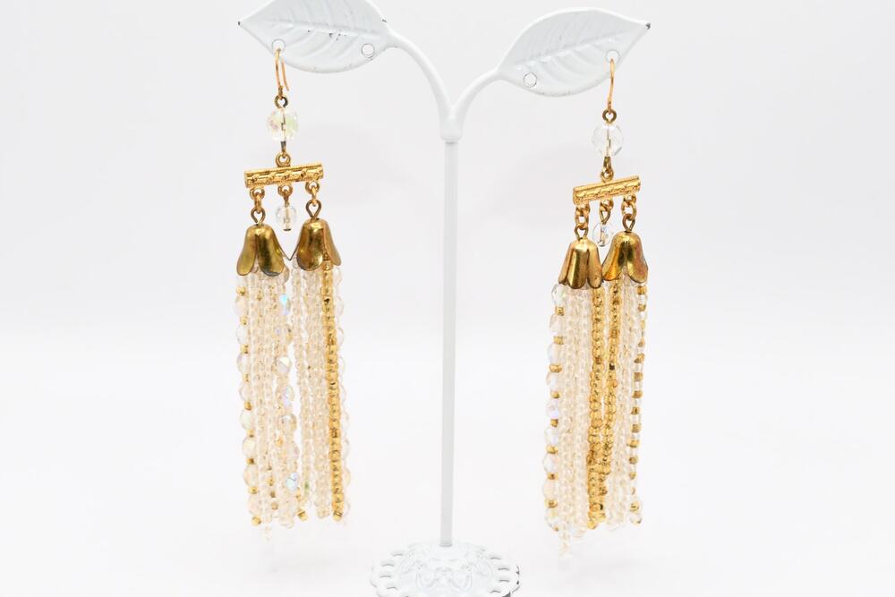 Artisan Czech Bead Tassel Earrings 4 Inch Gold Brass Vintage